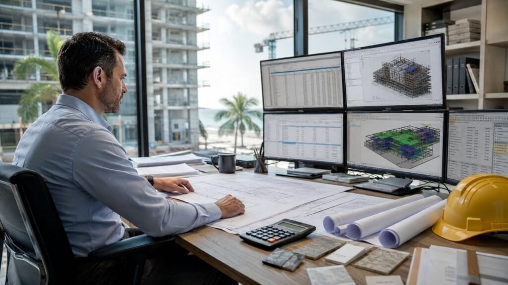 Construction cost estimator using multiple monitors with BIM models, estimating software, project cost databases, and blueprints in a Florida construction office.