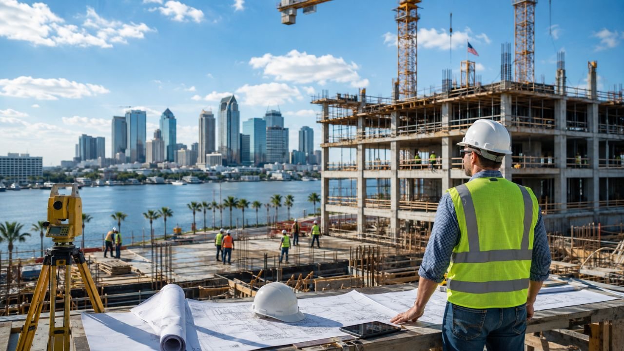 Construction estimator reviewing building plans at a Florida construction site with a large commercial development and waterfront skyline in the background.