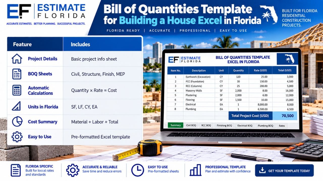 Bill of Quantities Excel template for house construction in Florida showing civil, structural, finishing, electrical, plumbing, quantities, rates, and total project cost.