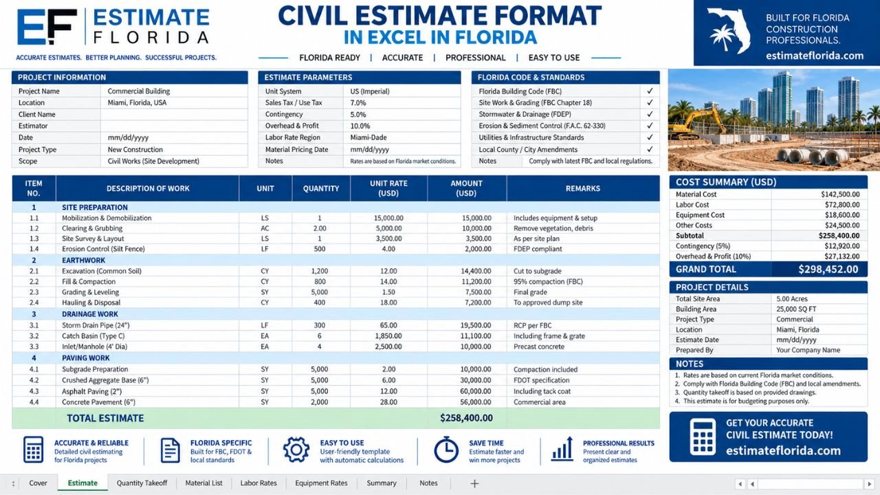 Civil estimate Excel format for Florida construction projects showing site preparation, earthwork, drainage, paving, unit rates, quantities, and project cost summary.