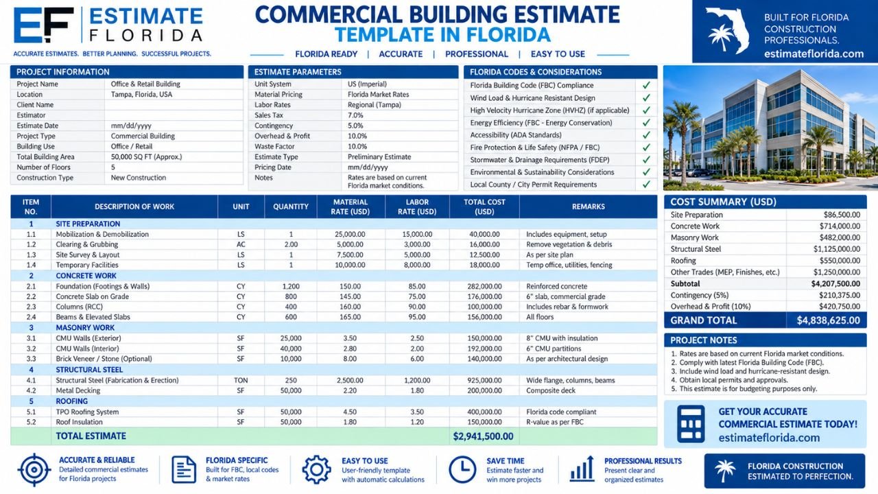 Commercial building estimate Excel template showing project information, Florida codes, material and labor rates, construction costs, and grand total.