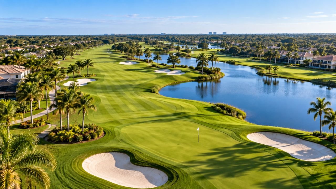 Aerial view of a well-maintained Florida golf course with greens, fairways, sand bunkers, palm trees, and water features.