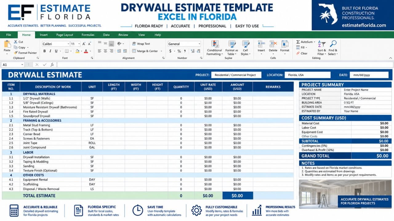 Drywall estimate Excel template showing material, framing, labor, equipmen
