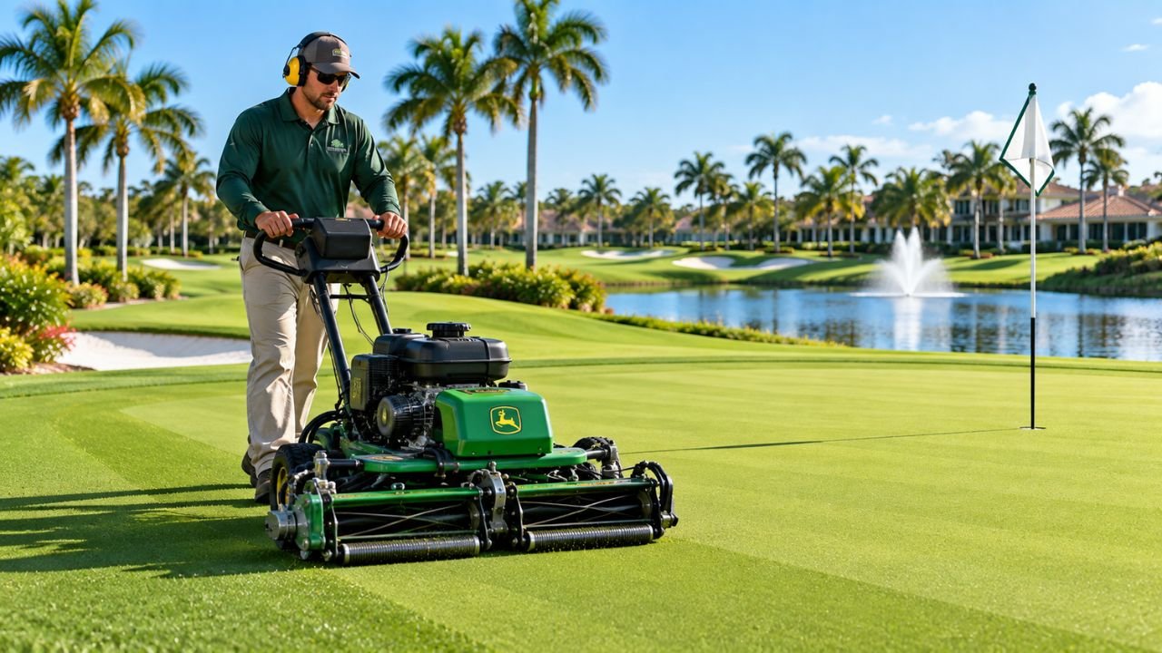 Golf course groundskeeper mowing a Florida putting green with palm trees and a water feature in the background.