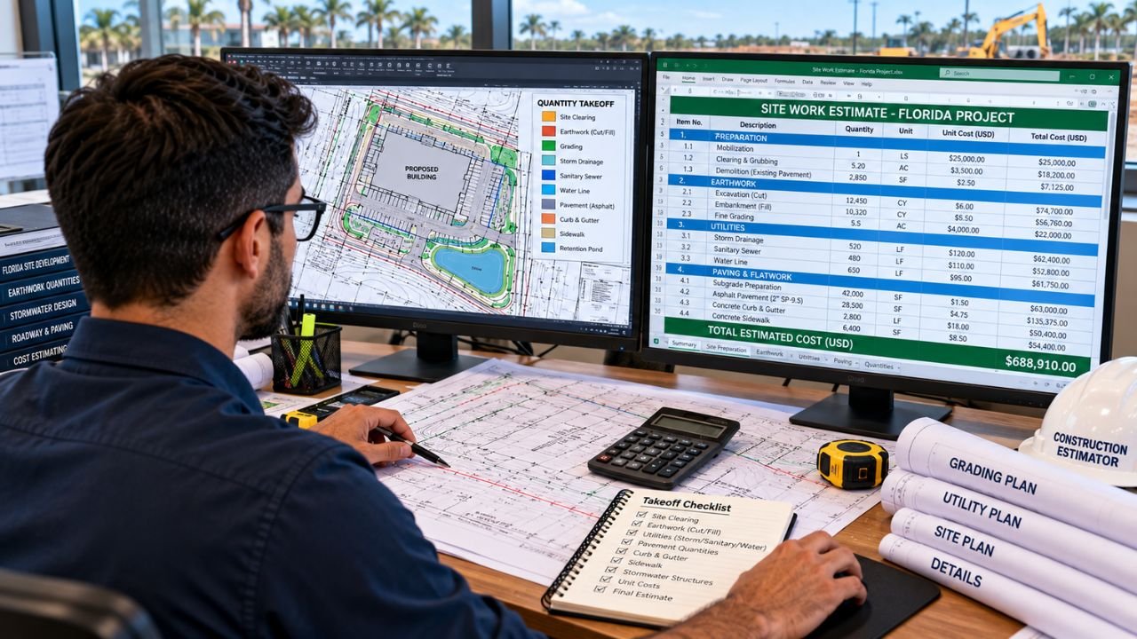 Construction estimator reviewing Florida site work plans, quantity takeoffs, grading, utilities, paving, and cost estimates in Excel.