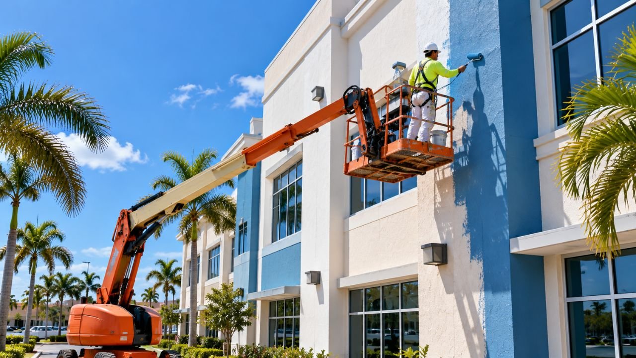 Professional painter applying exterior paint to a commercial building in Central Florida using a boom lift.