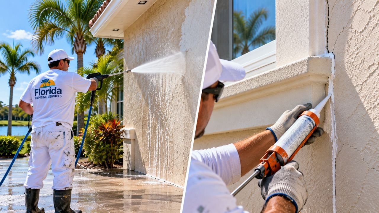 Exterior house painting and stucco crack repair work on a Florida home.