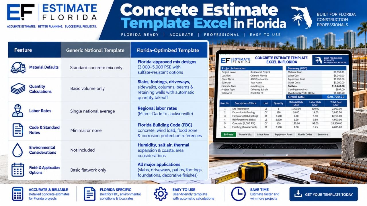 Florida-optimized Concrete Estimate Template Excel with concrete mix designs, quantity calculations, regional labor rates, code references, environmental factors, and application options.