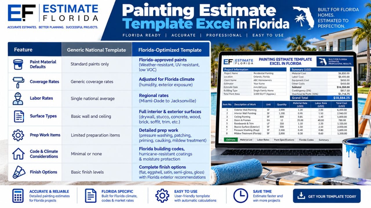 Florida-optimized Painting Estimate Template Excel with paint material defaults, climate-adjusted coverage rates, regional labor costs, prep work, finish options, and code considerations.