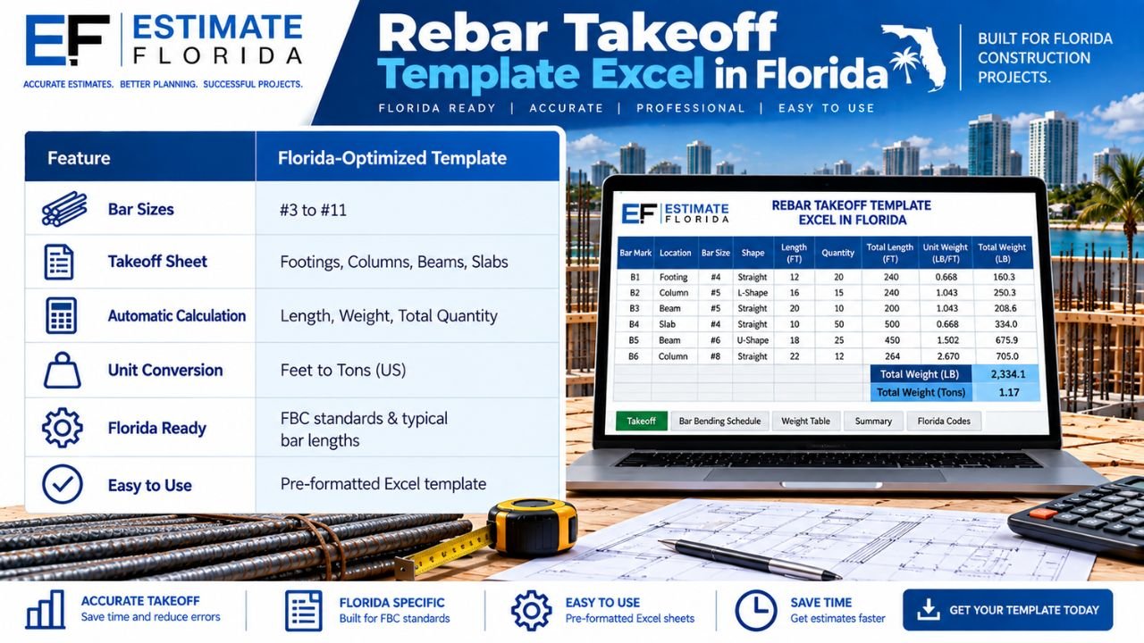 Rebar takeoff Excel template in Florida showing bar sizes, footing, column, beam and slab takeoffs, automatic weight calculations, and FBC standards.