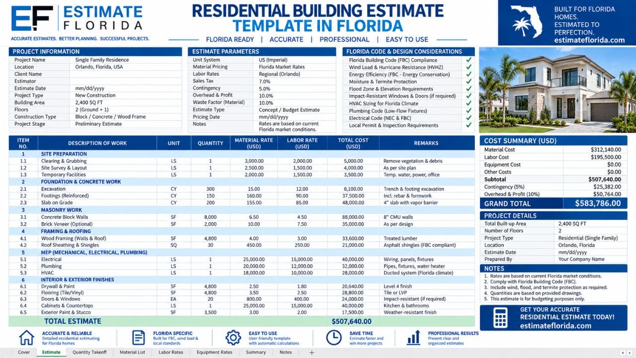 Professional residential building estimate Excel template for Florida projects covering site preparation, foundation, masonry, framing, roofing, MEP, finishes, labor, and total project costs.