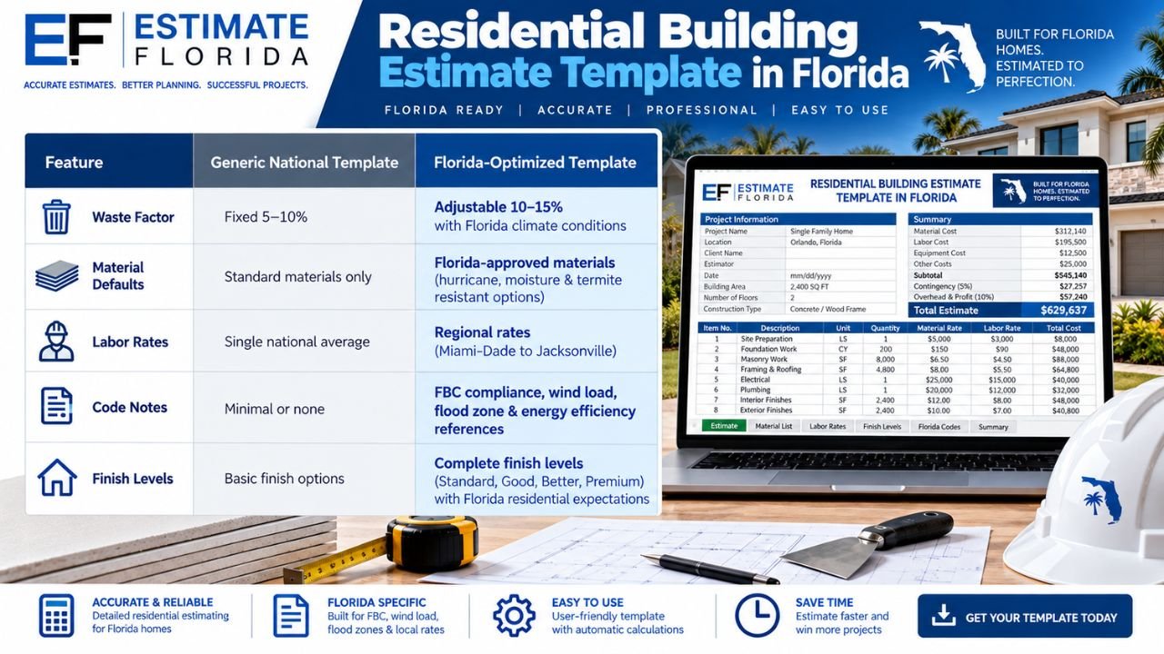 Florida-optimized residential building estimate Excel template with material defaults, regional labor rates, Florida code references, finish levels, and automatic cost calculations.