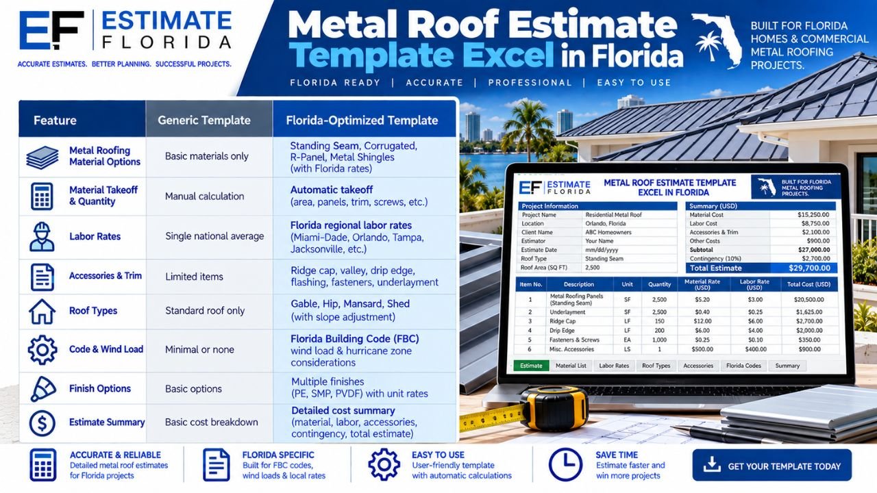 Florida-optimized Metal Roof Estimate Template Excel with material takeoffs, regional labor rates, roof types, accessories, wind-load considerations, finish options, and detailed cost summaries.