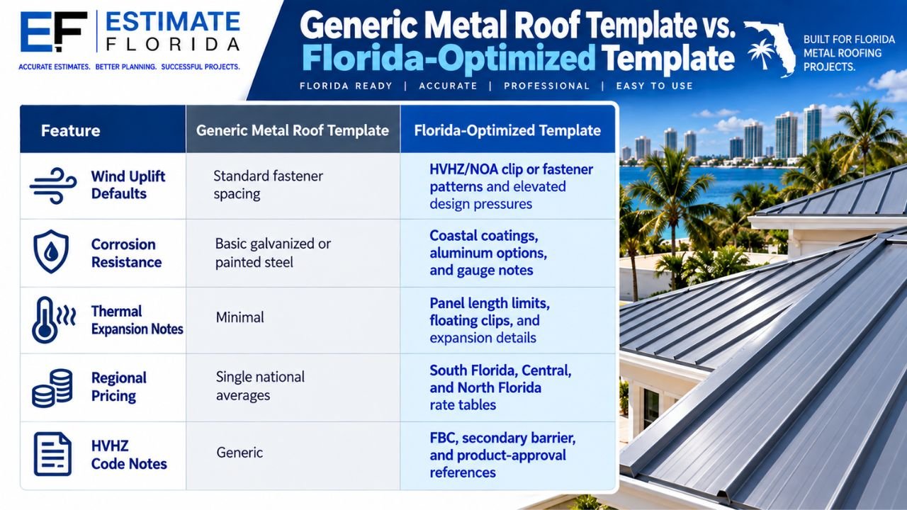Comparison of a generic metal roof template and a Florida-optimized template covering wind uplift, corrosion resistance, thermal expansion, regional pricing, and HVHZ code notes.