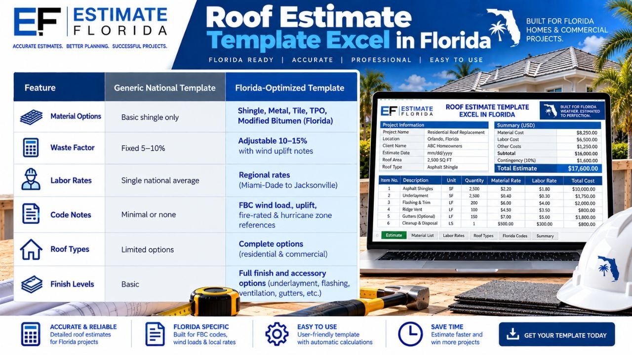 Florida-optimized Roof Estimate Template Excel with shingle, metal, tile, TPO, and modified bitumen options, regional labor rates, waste factors, and FBC code references.