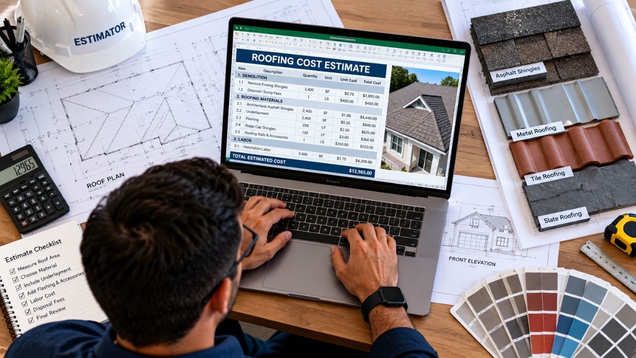 Roofing estimator using a laptop to prepare a roof replacement cost estimate with material samples and construction plans in Florida.