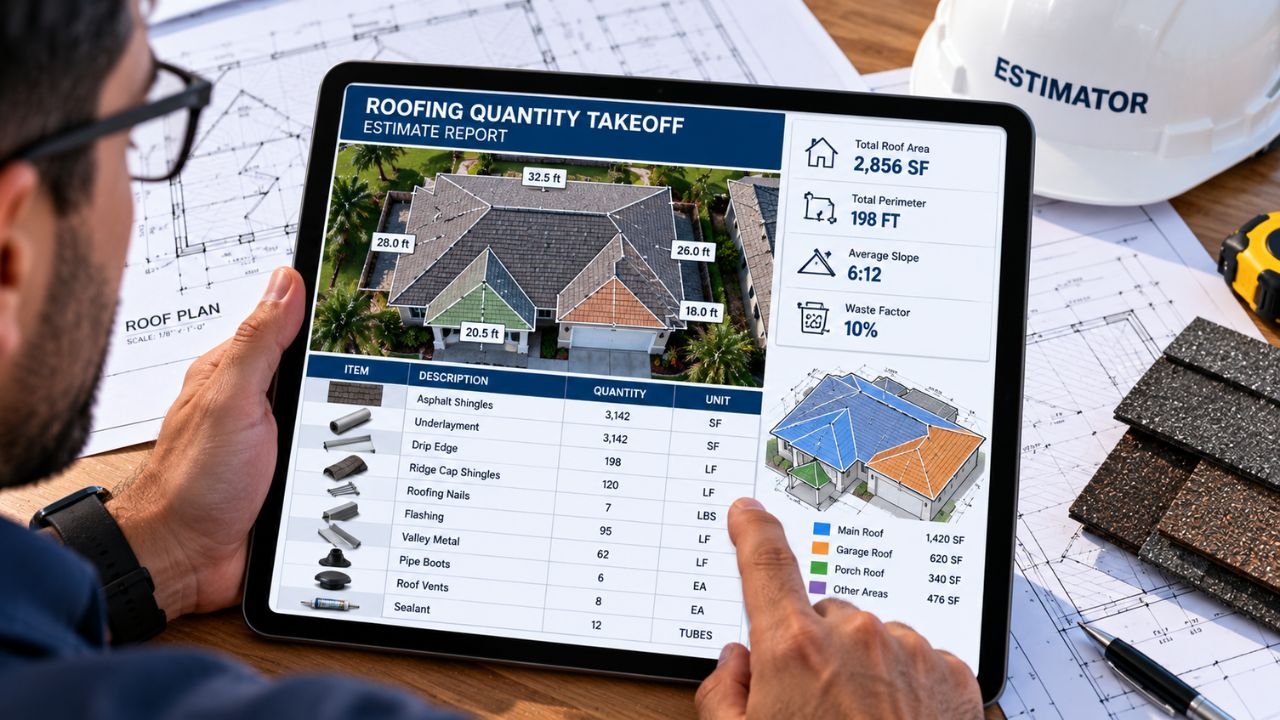 Roofing estimator reviewing a digital quantity takeoff with roof measurements, materials, and labor details.