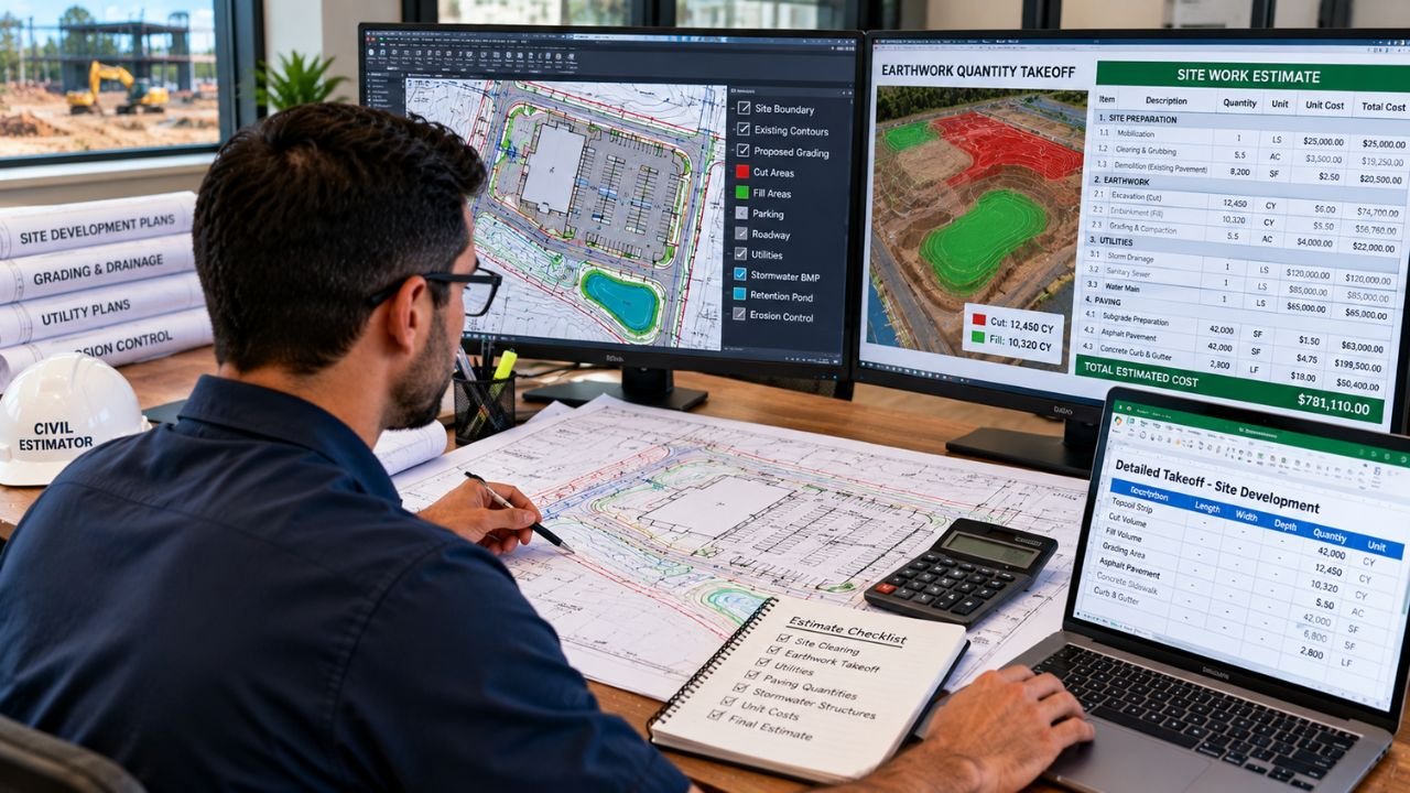 Civil estimator preparing a site work estimate and earthwork quantity takeoff using construction plans and Excel in Florida.