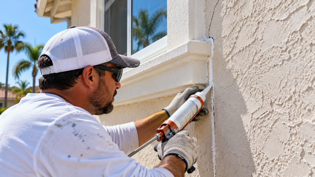 Professional painter sealing a crack in a Florida stucco exterior before house painting.