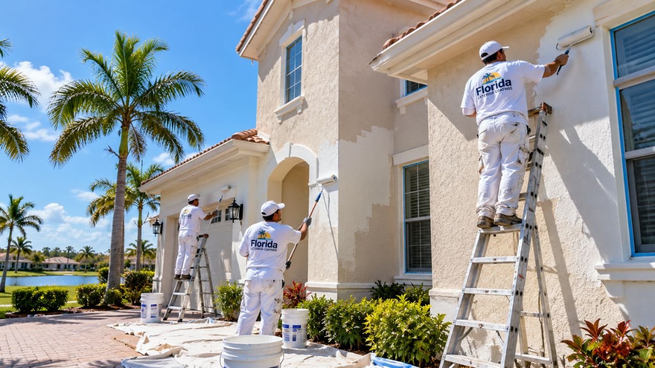 Professional painters applying exterior coating to a stucco house in Florida.