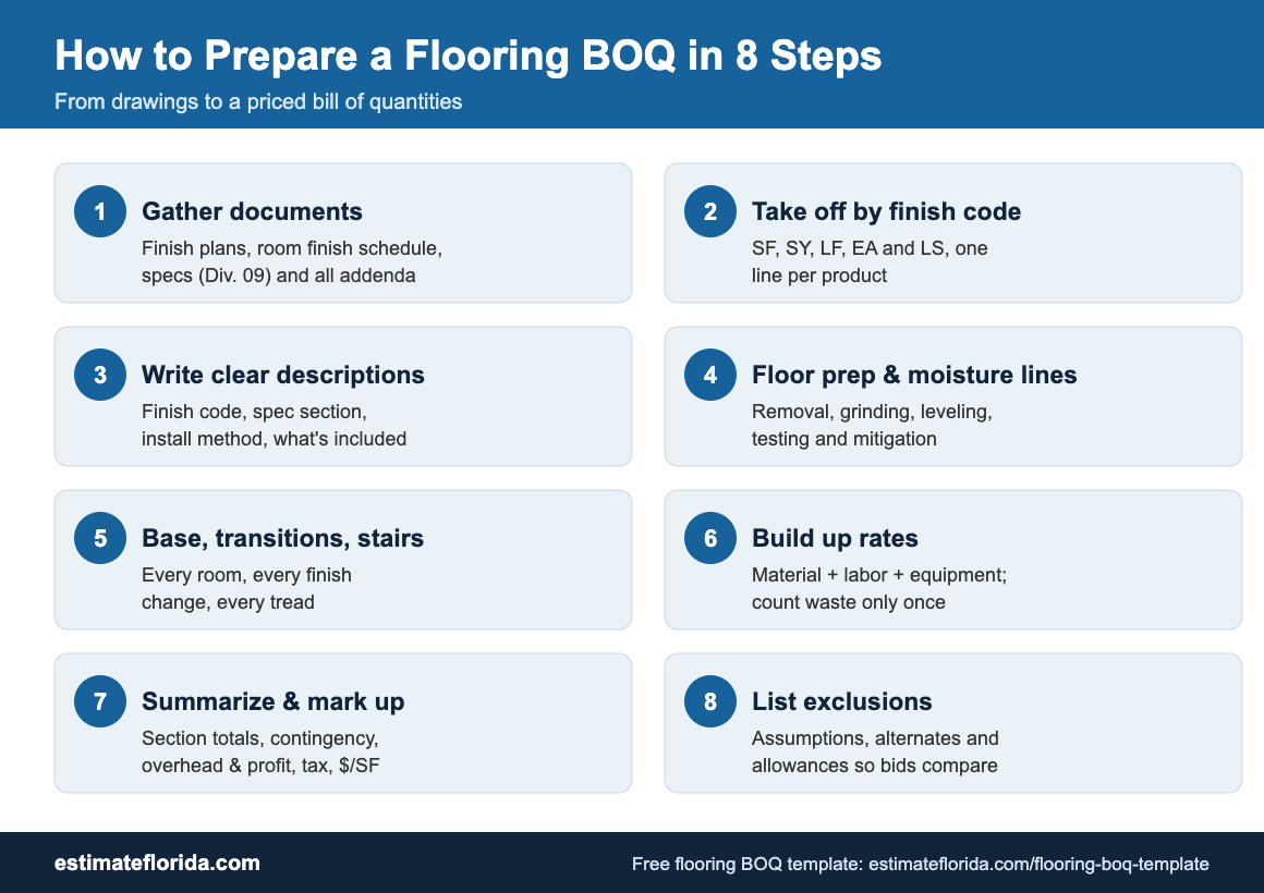 Infographic: 8 steps to prepare a flooring BOQ, from gathering documents to listing exclusions