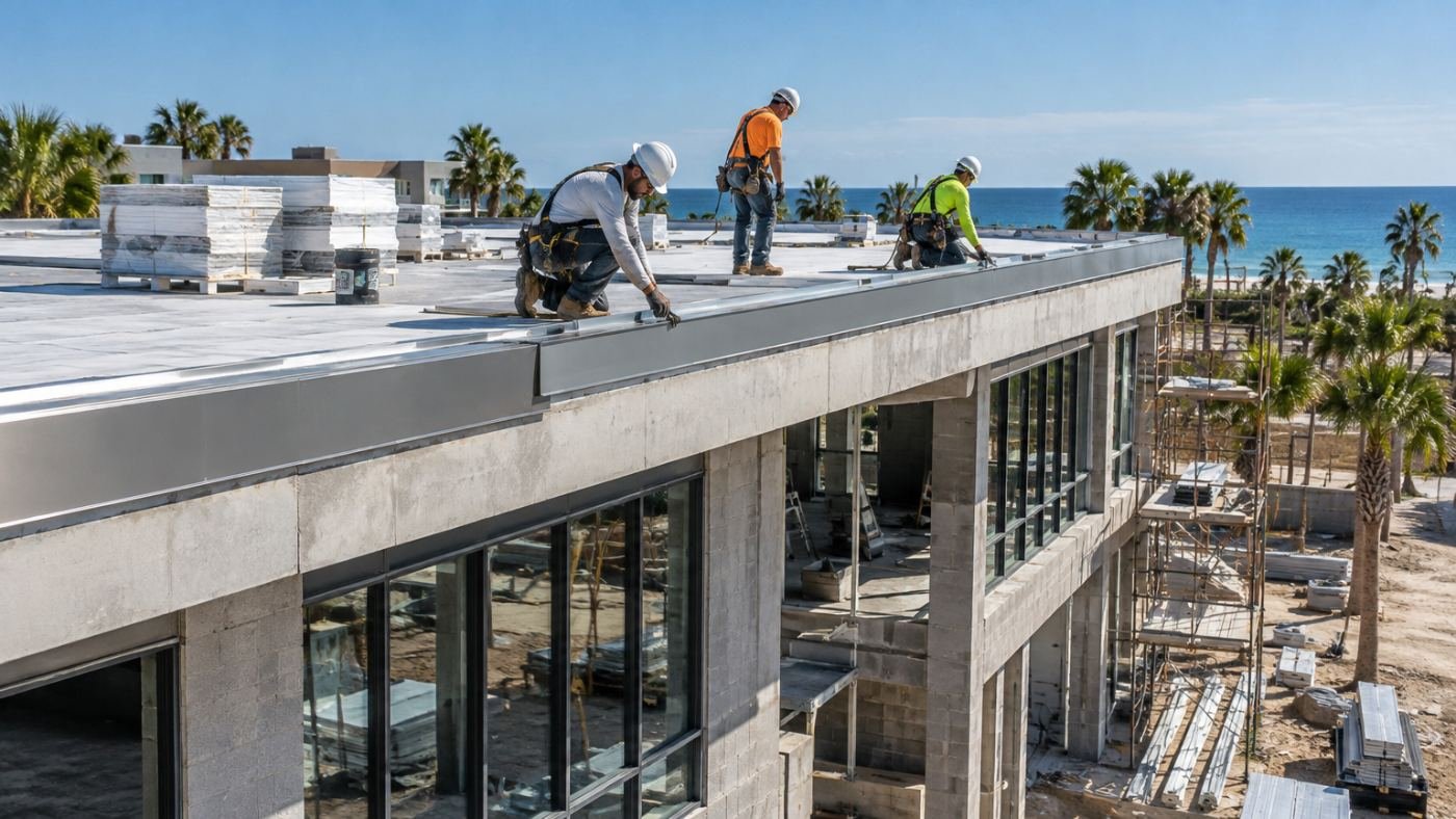 Roofers installing metal roof edge on a coastal Florida commercial building under construction