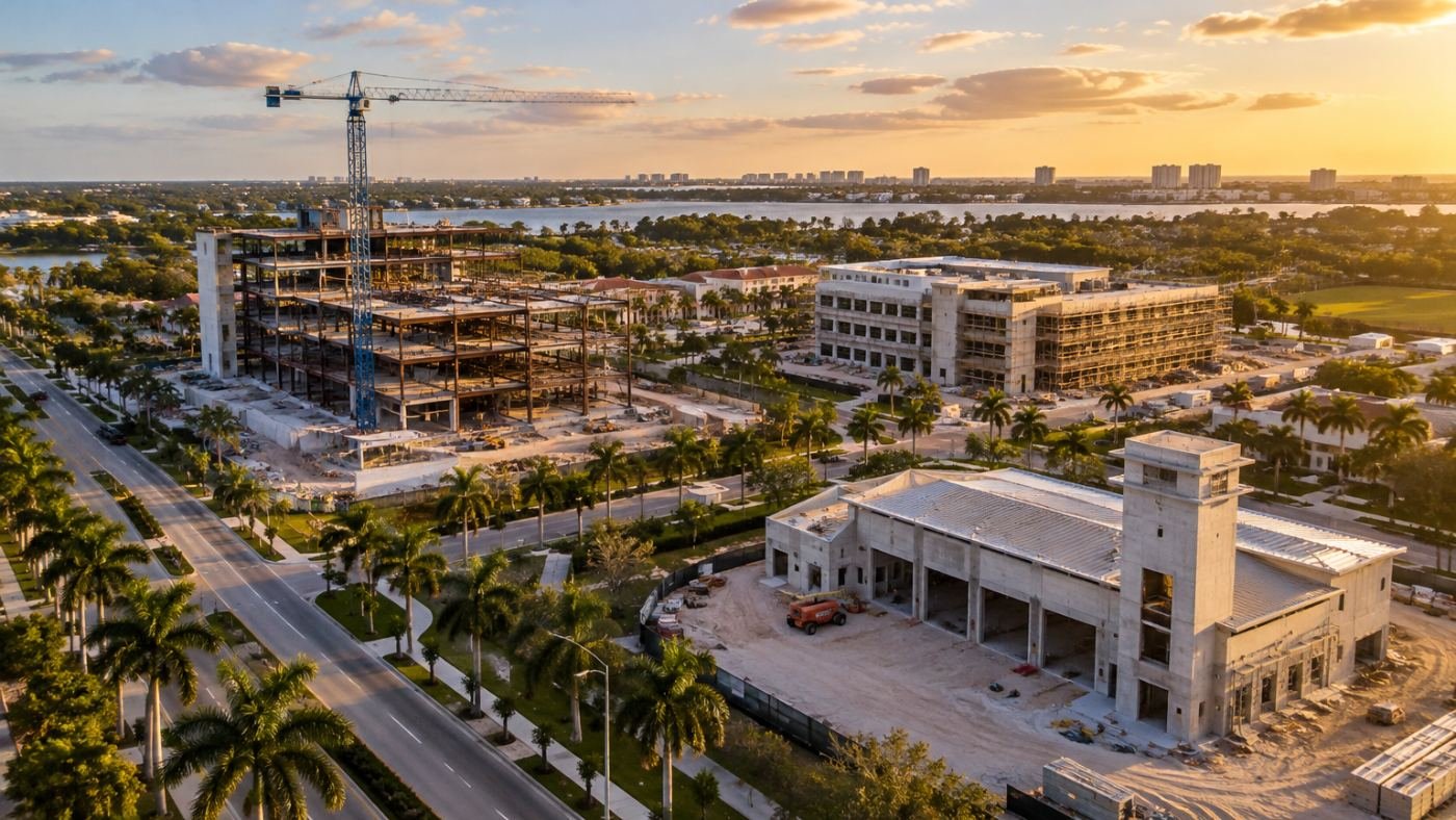 Aerial view of public building projects under construction in a Florida city, including a civic building, school and fire station