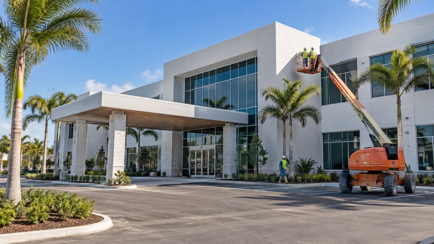Modern medical office building nearing completion in Florida with workers on a boom lift