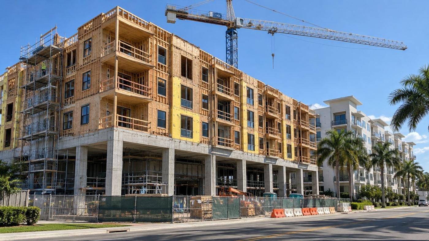 Podium-style apartment building with wood framing over a concrete base under construction in Florida