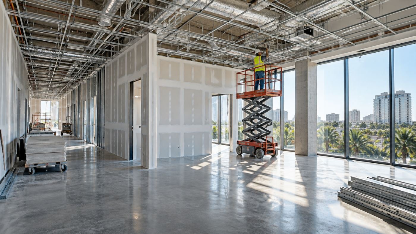Office tenant improvement build-out in a Florida office building with new drywall partitions and ceiling grid