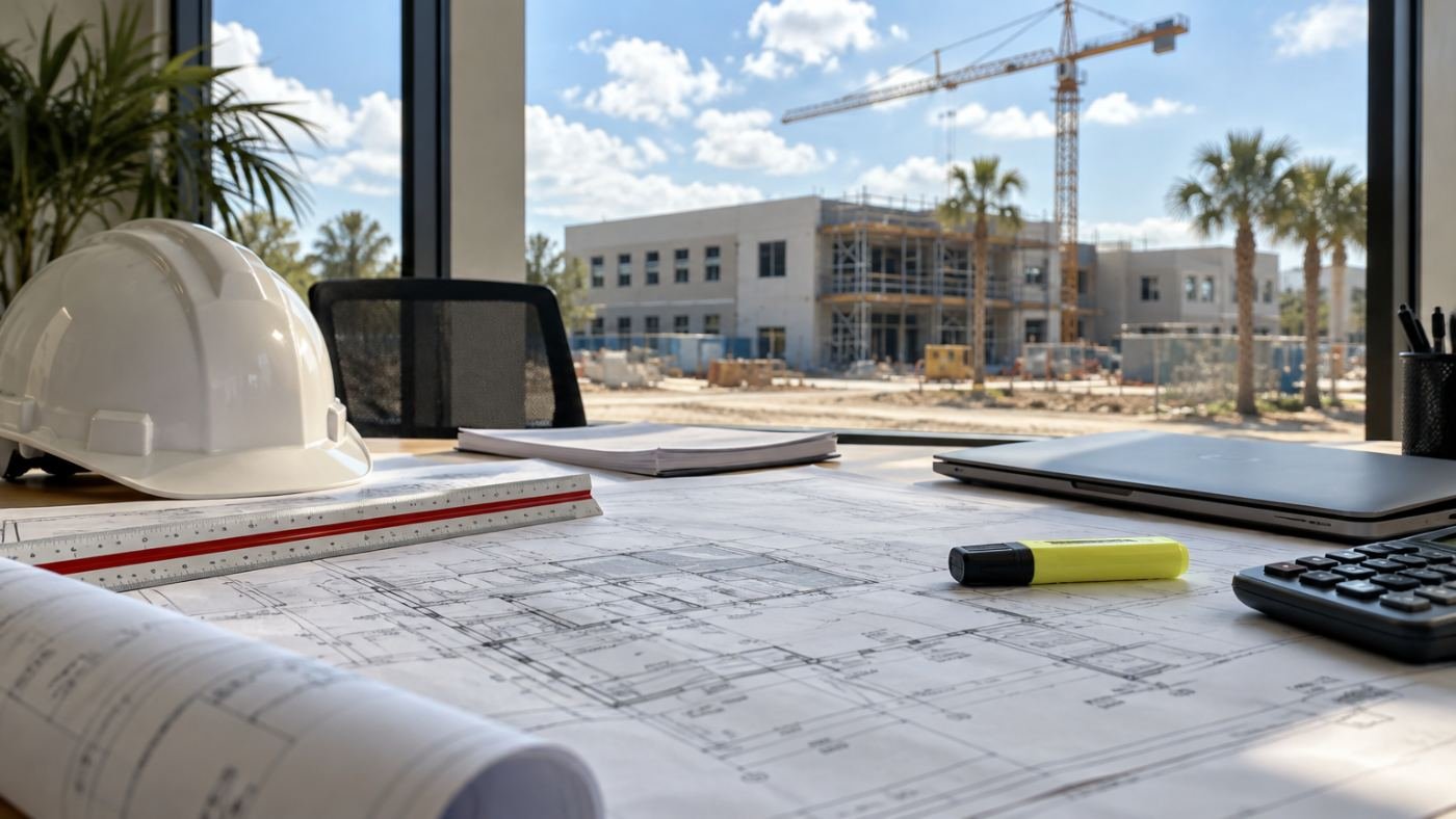 Estimator desk with blueprints and hard hat overlooking a Florida school under construction