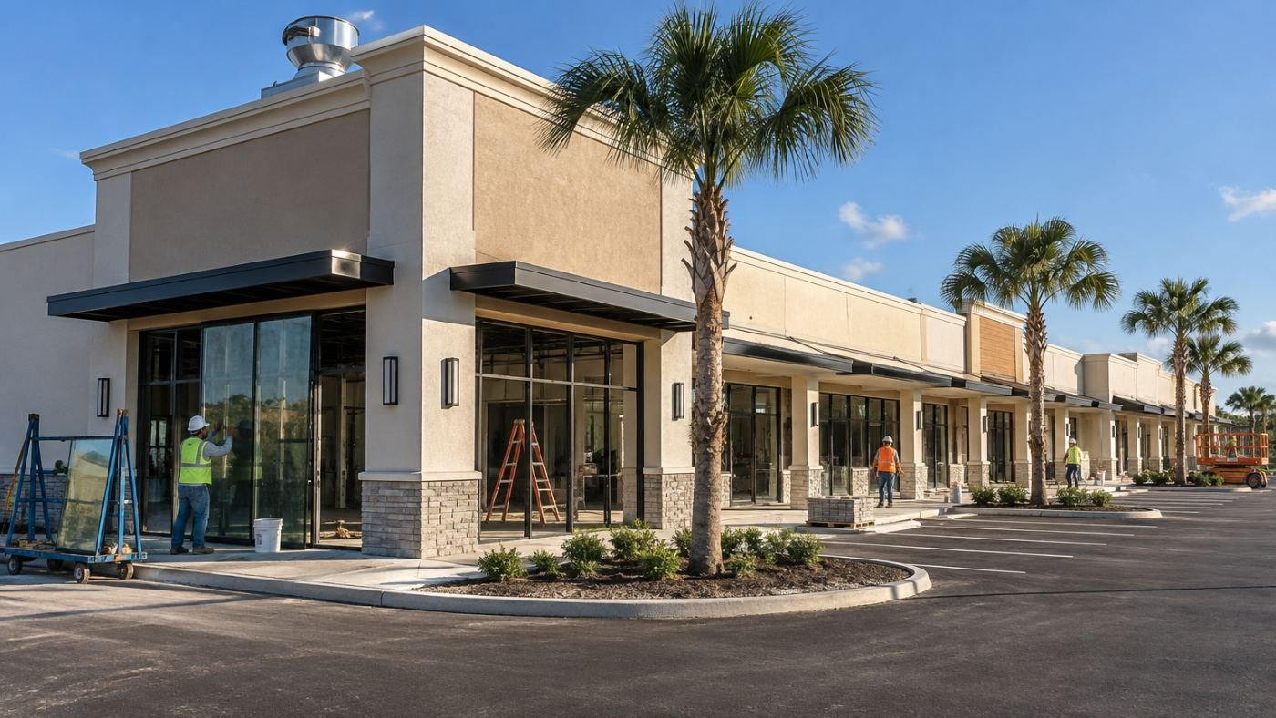 New retail strip center with a restaurant end-cap under construction in Florida