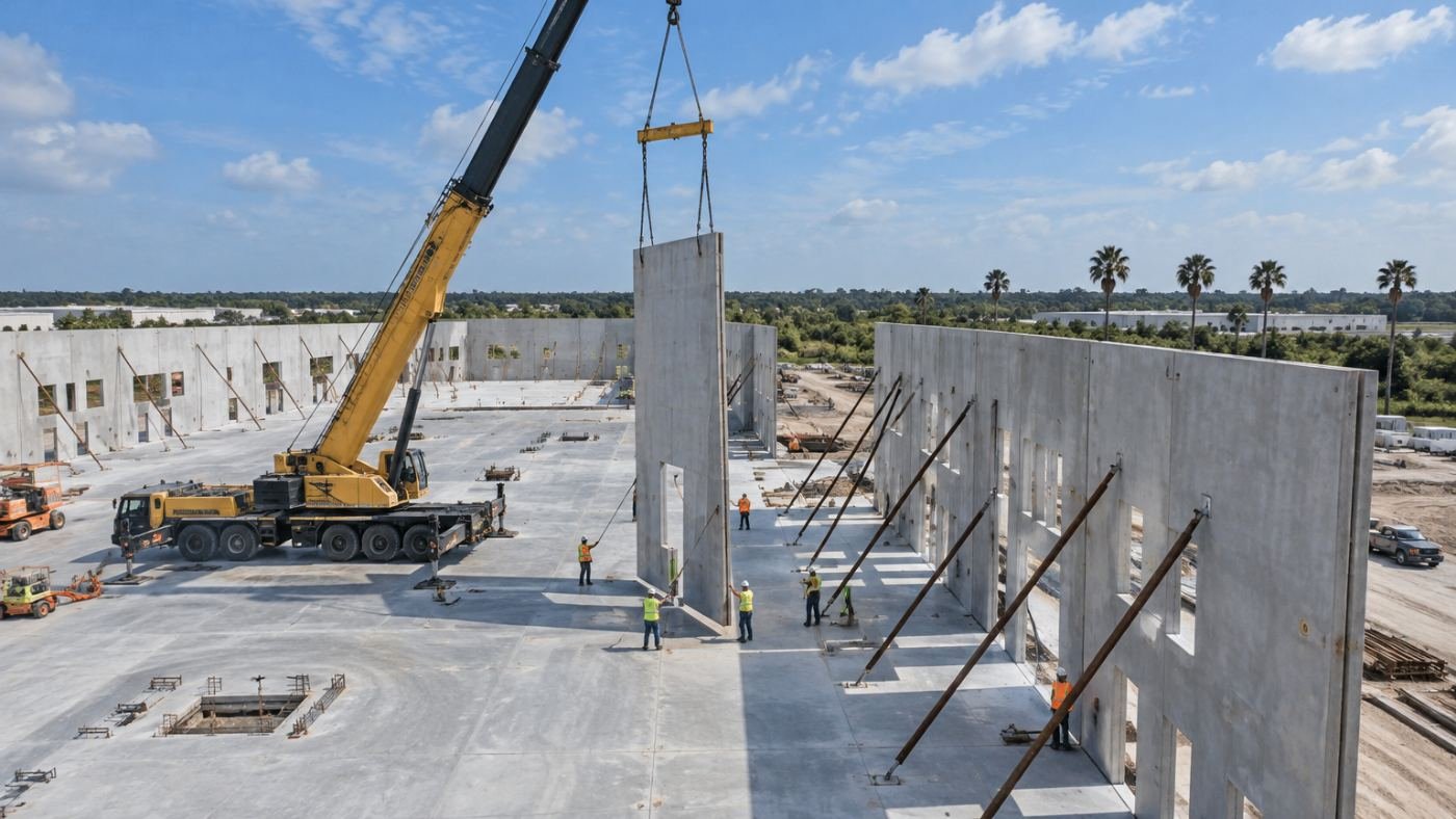 Crane lifting a tilt-up concrete wall panel on a Florida warehouse construction site